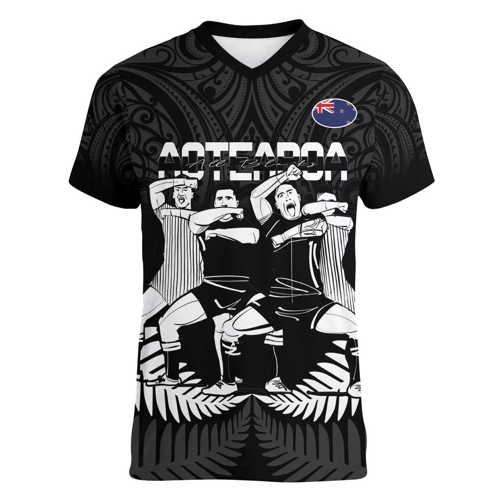 New Zealand Silver Fern Rugby Women V-Neck T-Shirt Haka Dance With Aotearoa Maori Pattern - Vibe Hoodie Shop