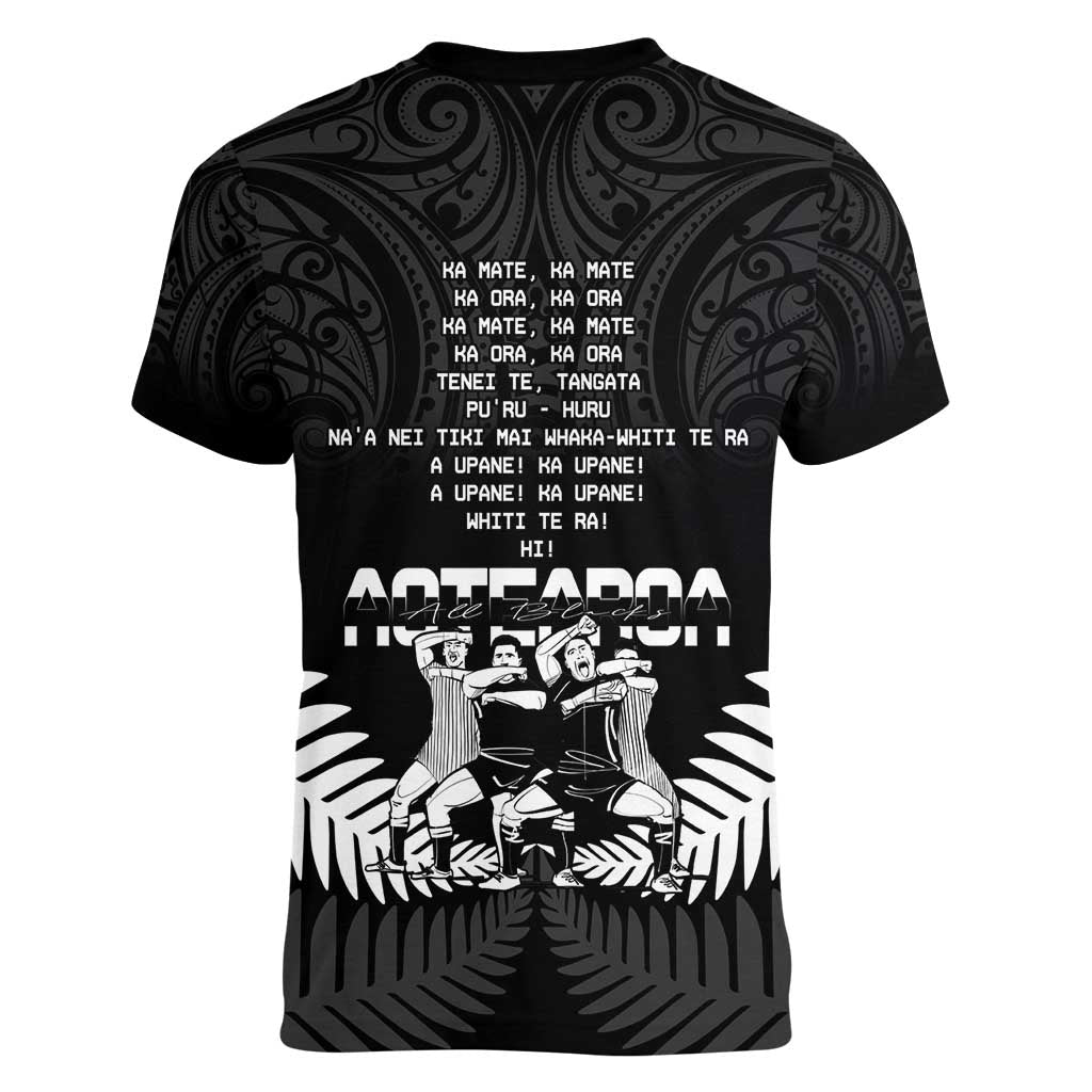 New Zealand Silver Fern Rugby Women V-Neck T-Shirt Haka Dance With Aotearoa Maori Pattern - Vibe Hoodie Shop
