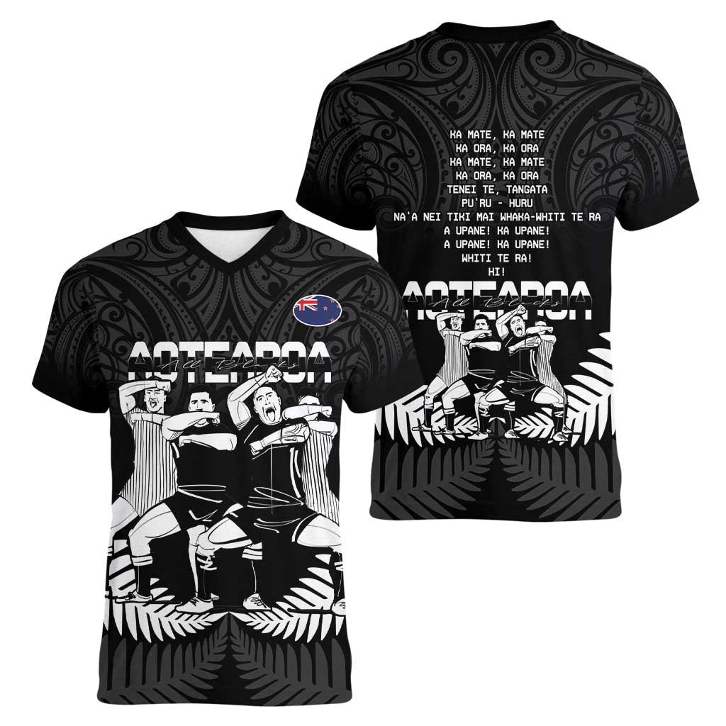 New Zealand Silver Fern Rugby Women V-Neck T-Shirt Haka Dance With Aotearoa Maori Pattern - Vibe Hoodie Shop