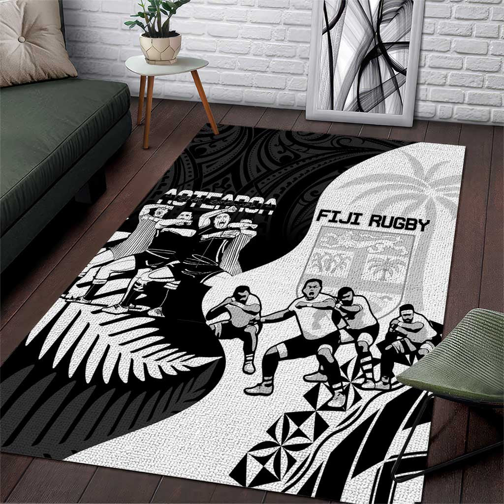 New Zealand And Fiji Tapa Rugby Area Rug Haka Dance Mix Cibi Dance Together - Vibe Hoodie Shop