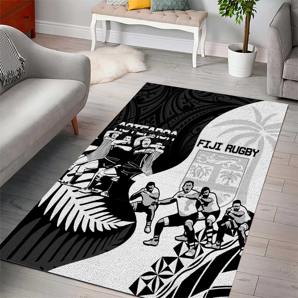 New Zealand And Fiji Tapa Rugby Area Rug Haka Dance Mix Cibi Dance Together - Vibe Hoodie Shop