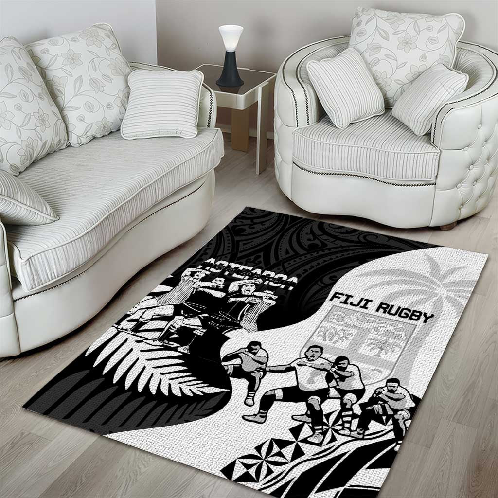 New Zealand And Fiji Tapa Rugby Area Rug Haka Dance Mix Cibi Dance Together - Vibe Hoodie Shop