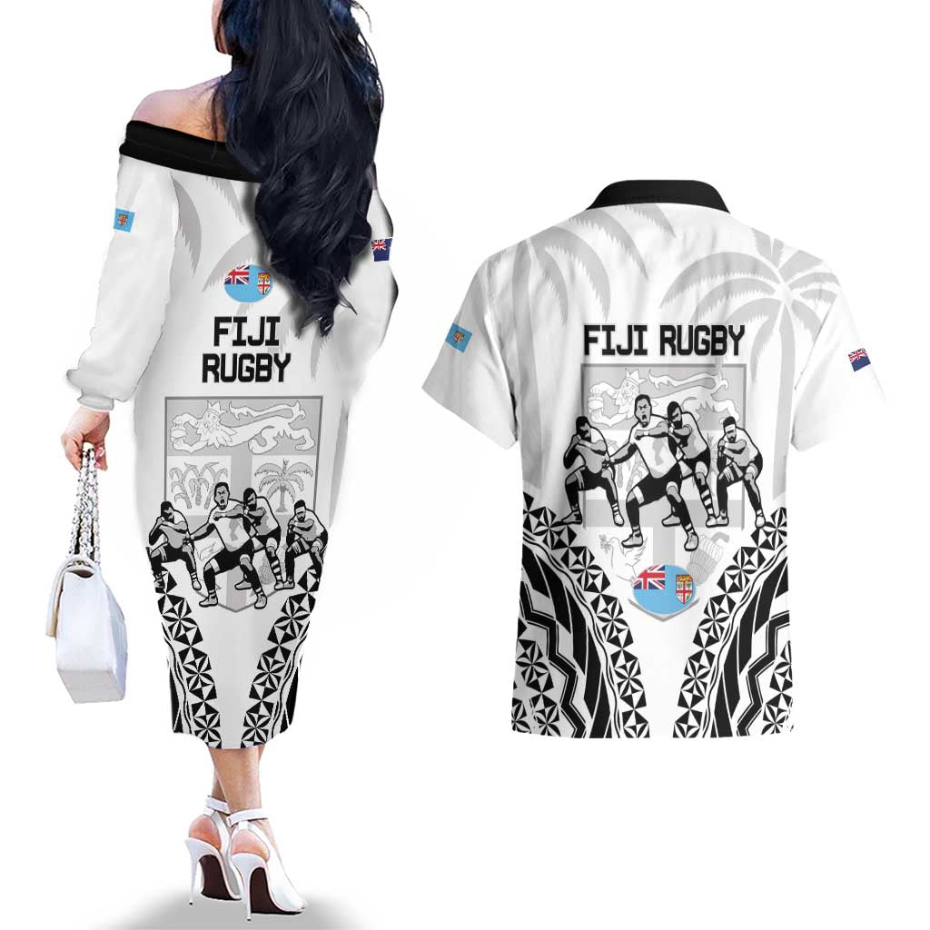 New Zealand And Fiji Tapa Rugby Couples Matching Off The Shoulder Long Sleeve Dress and Hawaiian Shirt Haka Dance Mix Cibi Dance Together