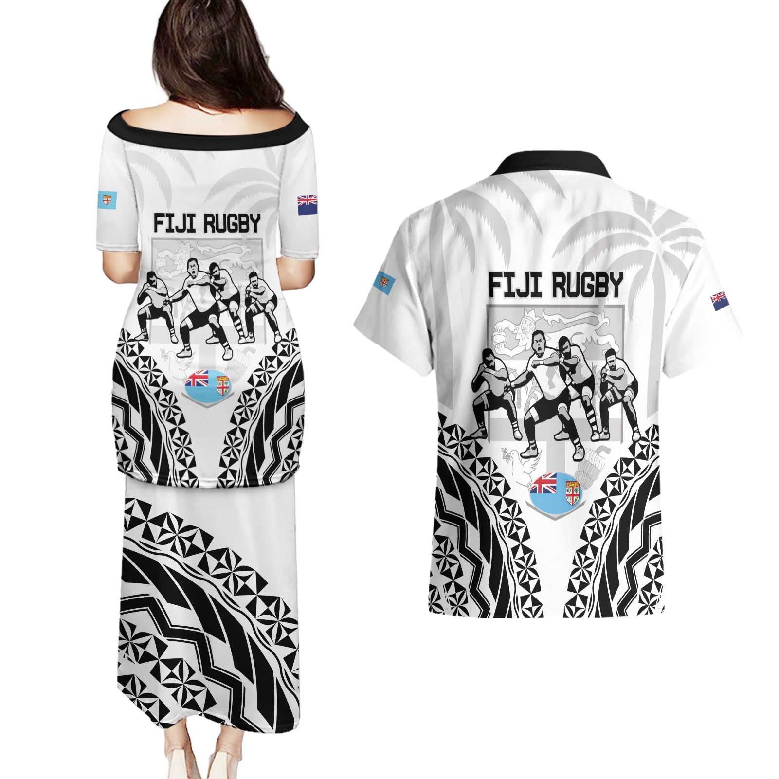 New Zealand And Fiji Tapa Rugby Couples Matching Puletasi and Hawaiian Shirt Haka Dance Mix Cibi Dance Together