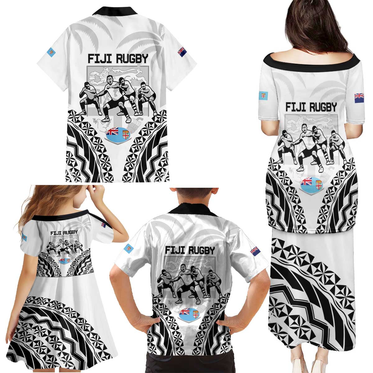 New Zealand And Fiji Tapa Rugby Family Matching Puletasi and Hawaiian Shirt Haka Dance Mix Cibi Dance Together
