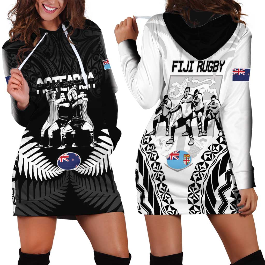 New Zealand And Fiji Tapa Rugby Hoodie Dress Haka Dance Mix Cibi Dance Together - Vibe Hoodie Shop