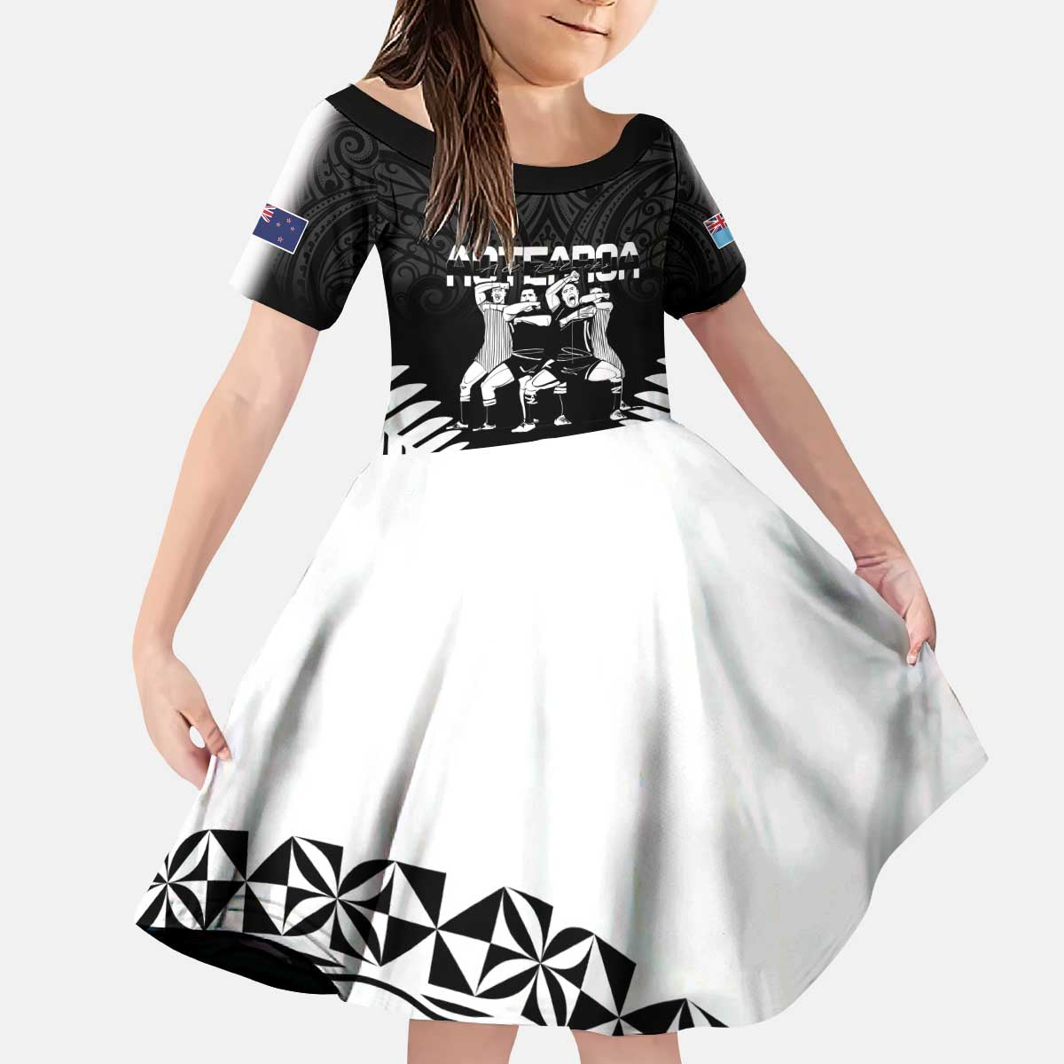 New Zealand And Fiji Tapa Rugby Kid Short Sleeve Dress Haka Dance Mix Cibi Dance Together - Vibe Hoodie Shop