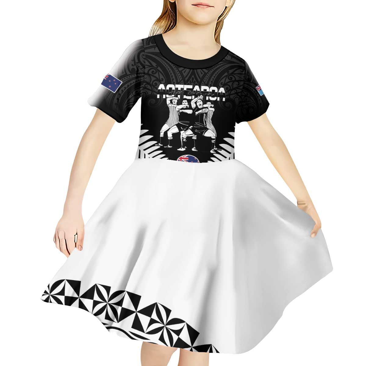 New Zealand And Fiji Tapa Rugby Kid Short Sleeve Dress Haka Dance Mix Cibi Dance Together - Vibe Hoodie Shop