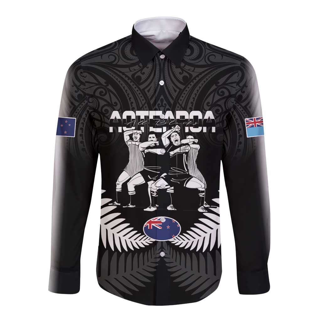 New Zealand And Fiji Tapa Rugby Long Sleeve Button Shirt Haka Dance Mix Cibi Dance Together - Vibe Hoodie Shop