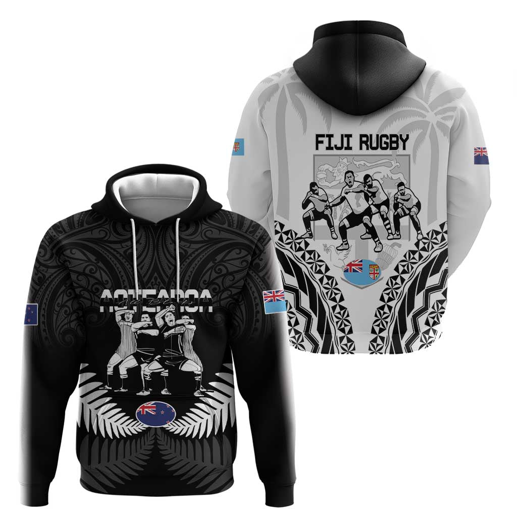New Zealand And Fiji Tapa Rugby Zip Hoodie Haka Dance Mix Cibi Dance Together - Vibe Hoodie Shop