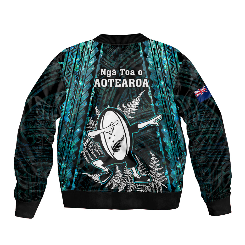 New Zealand Silver Fern Rugby Bomber Jacket Aotearoa All Black Dabbing Ball With Maori Paua Shell - Vibe Hoodie Shop