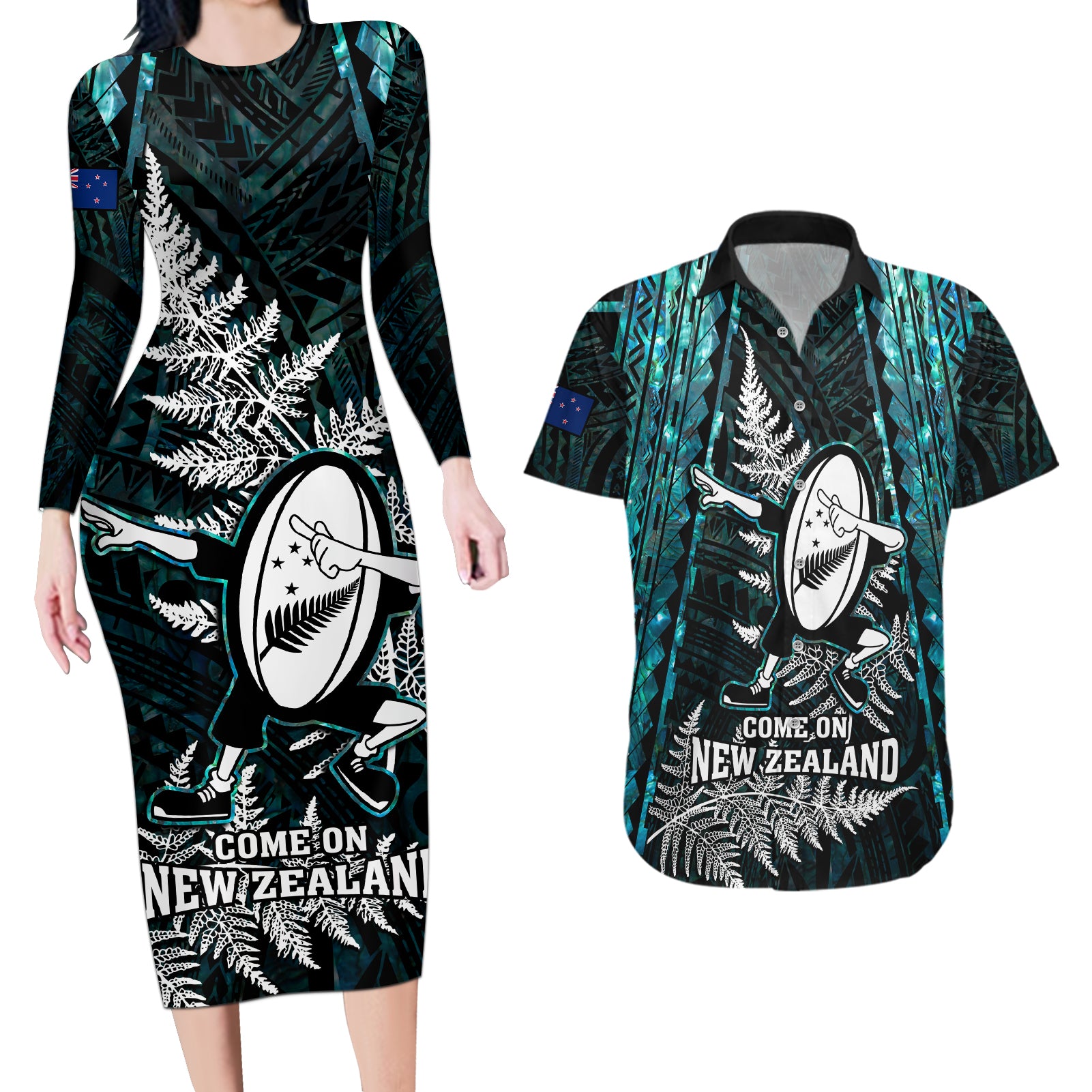 new-zealand-silver-fern-rugby-couples-matching-long-sleeve-bodycon-dress-and-hawaiian-shirt-aotearoa-all-black-dabbing-ball-with-maori-paua-shell