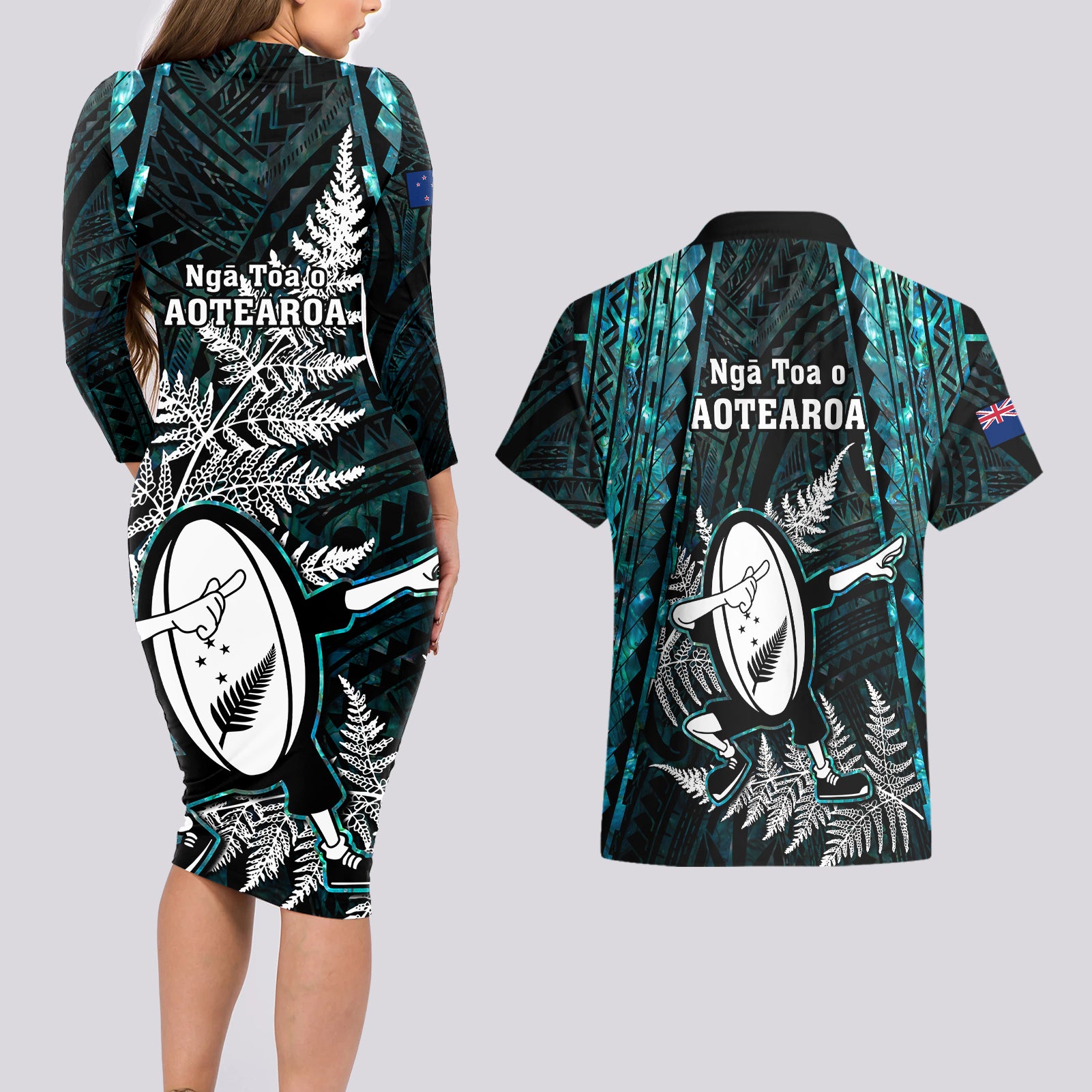 new-zealand-silver-fern-rugby-couples-matching-long-sleeve-bodycon-dress-and-hawaiian-shirt-aotearoa-all-black-dabbing-ball-with-maori-paua-shell