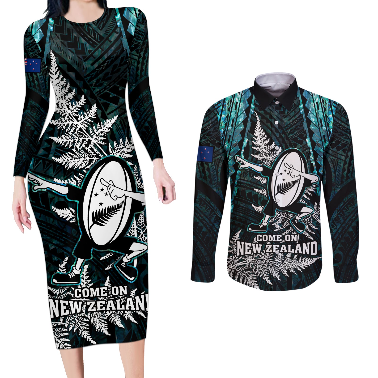 new-zealand-silver-fern-rugby-couples-matching-long-sleeve-bodycon-dress-and-long-sleeve-button-shirts-aotearoa-all-black-dabbing-ball-with-maori-paua-shell