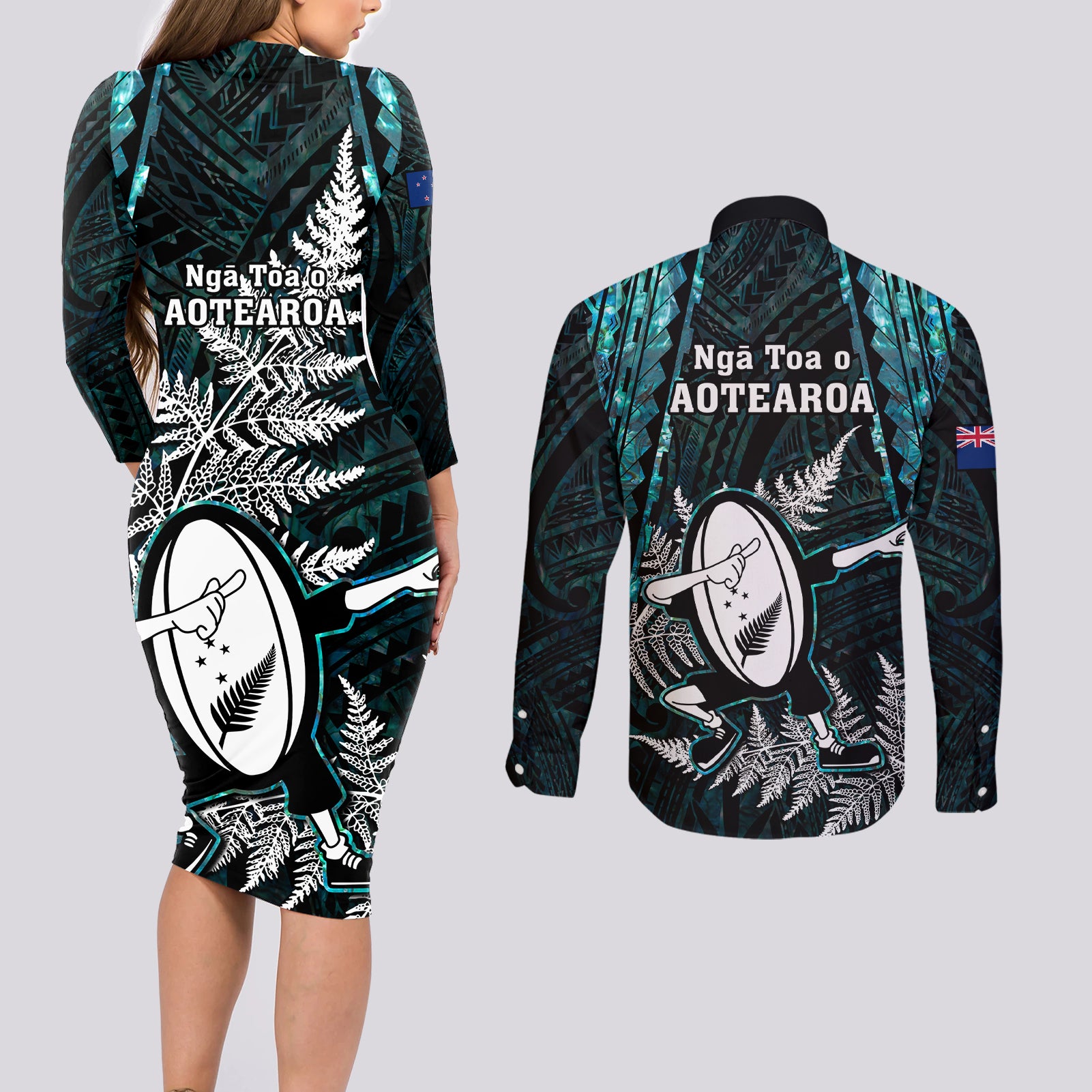 new-zealand-silver-fern-rugby-couples-matching-long-sleeve-bodycon-dress-and-long-sleeve-button-shirts-aotearoa-all-black-dabbing-ball-with-maori-paua-shell