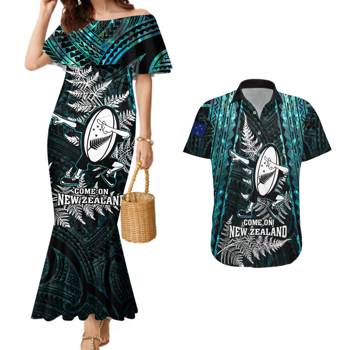 new-zealand-silver-fern-rugby-couples-matching-mermaid-dress-and-hawaiian-shirt-aotearoa-all-black-dabbing-ball-with-maori-paua-shell