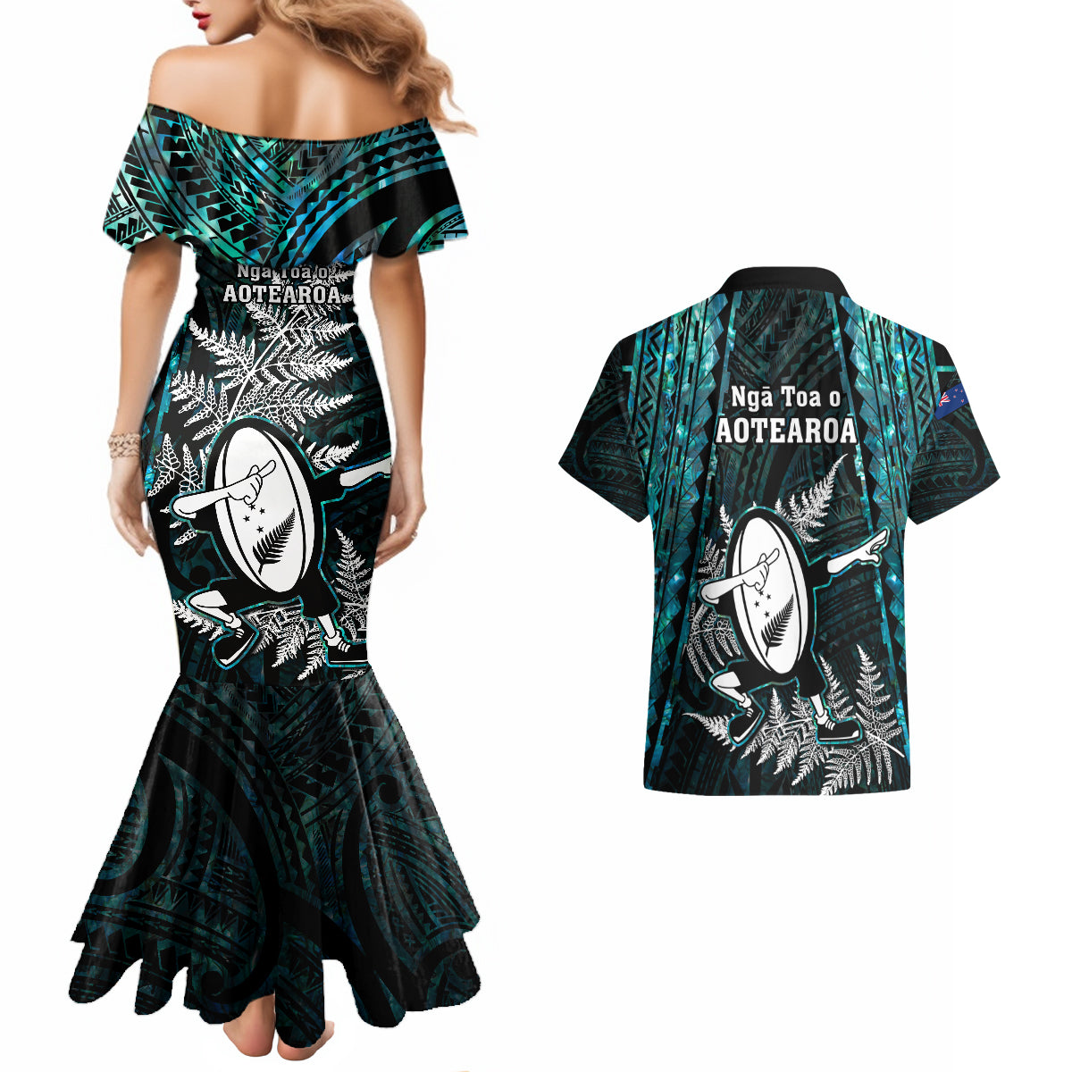 new-zealand-silver-fern-rugby-couples-matching-mermaid-dress-and-hawaiian-shirt-aotearoa-all-black-dabbing-ball-with-maori-paua-shell