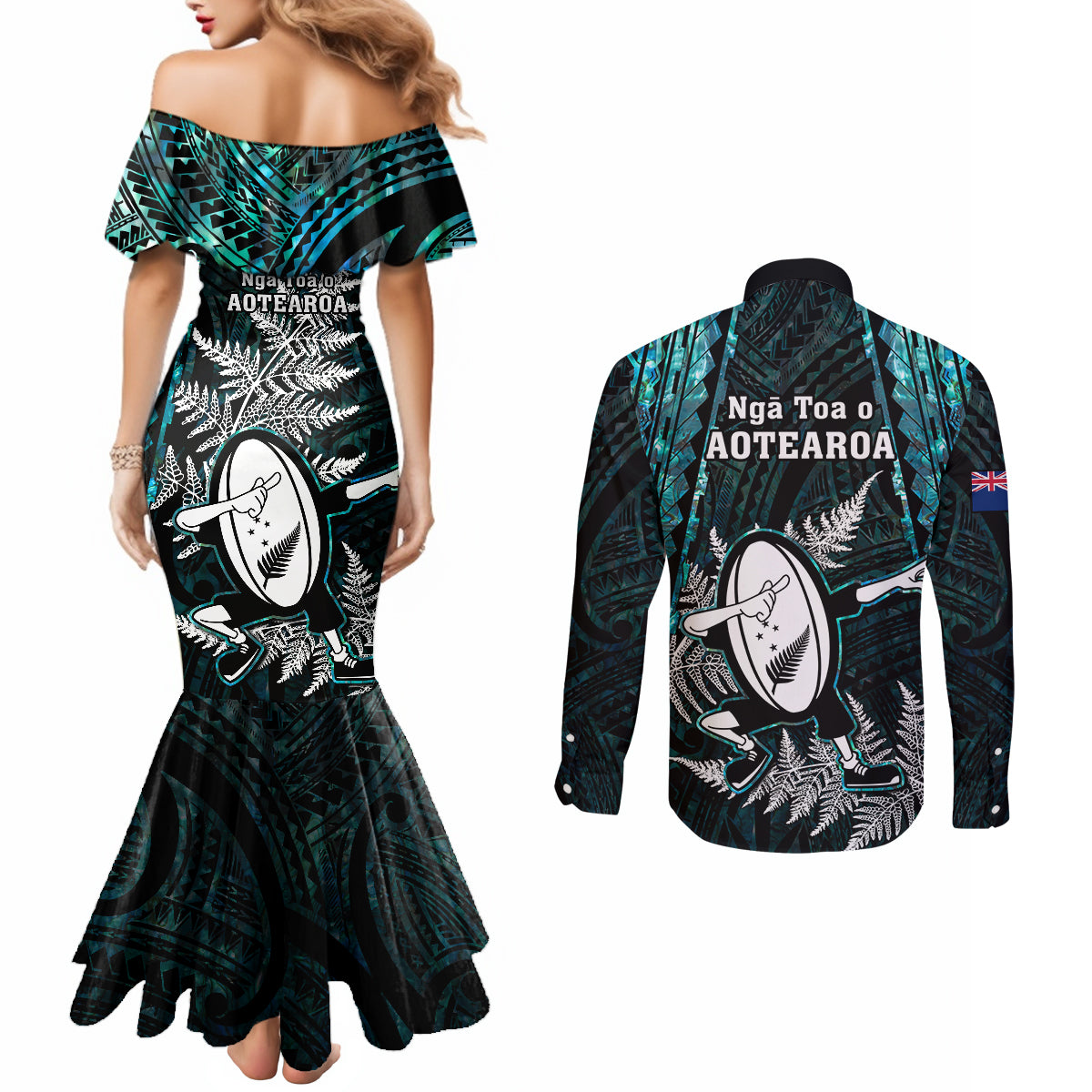 new-zealand-silver-fern-rugby-couples-matching-mermaid-dress-and-long-sleeve-button-shirts-aotearoa-all-black-dabbing-ball-with-maori-paua-shell
