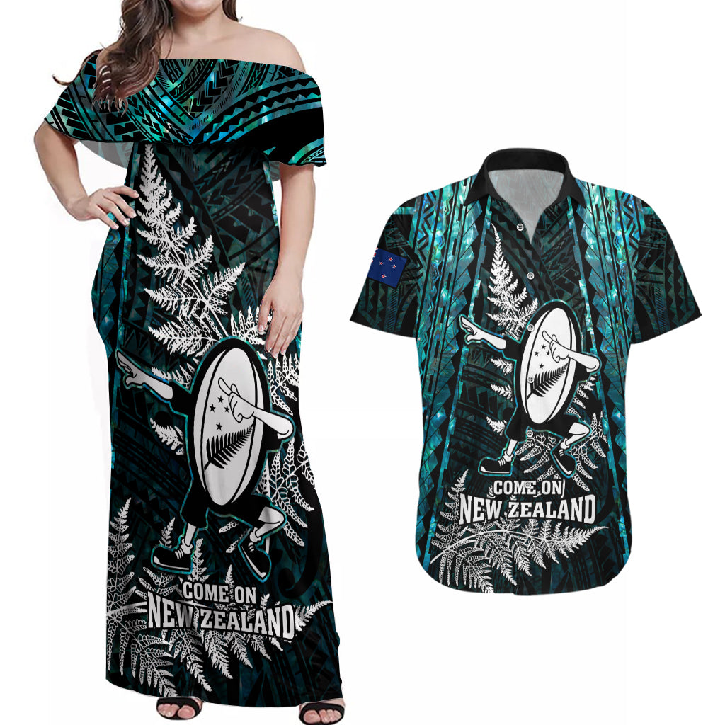 new-zealand-silver-fern-rugby-couples-matching-off-shoulder-maxi-dress-and-hawaiian-shirt-aotearoa-all-black-dabbing-ball-with-maori-paua-shell