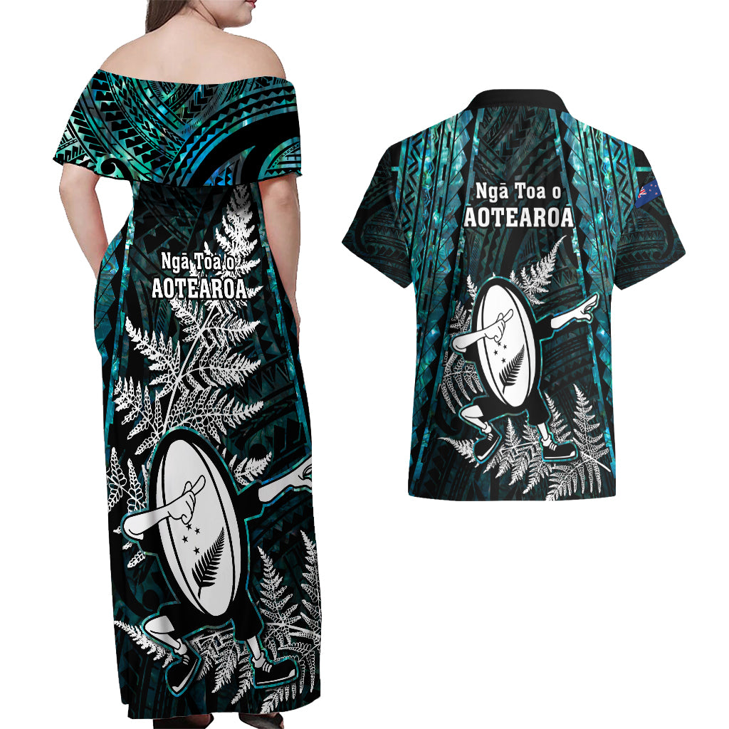 new-zealand-silver-fern-rugby-couples-matching-off-shoulder-maxi-dress-and-hawaiian-shirt-aotearoa-all-black-dabbing-ball-with-maori-paua-shell