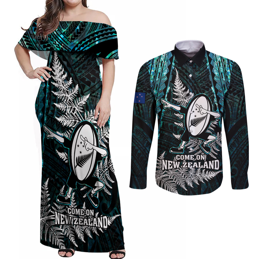 new-zealand-silver-fern-rugby-couples-matching-off-shoulder-maxi-dress-and-long-sleeve-button-shirts-aotearoa-all-black-dabbing-ball-with-maori-paua-shell