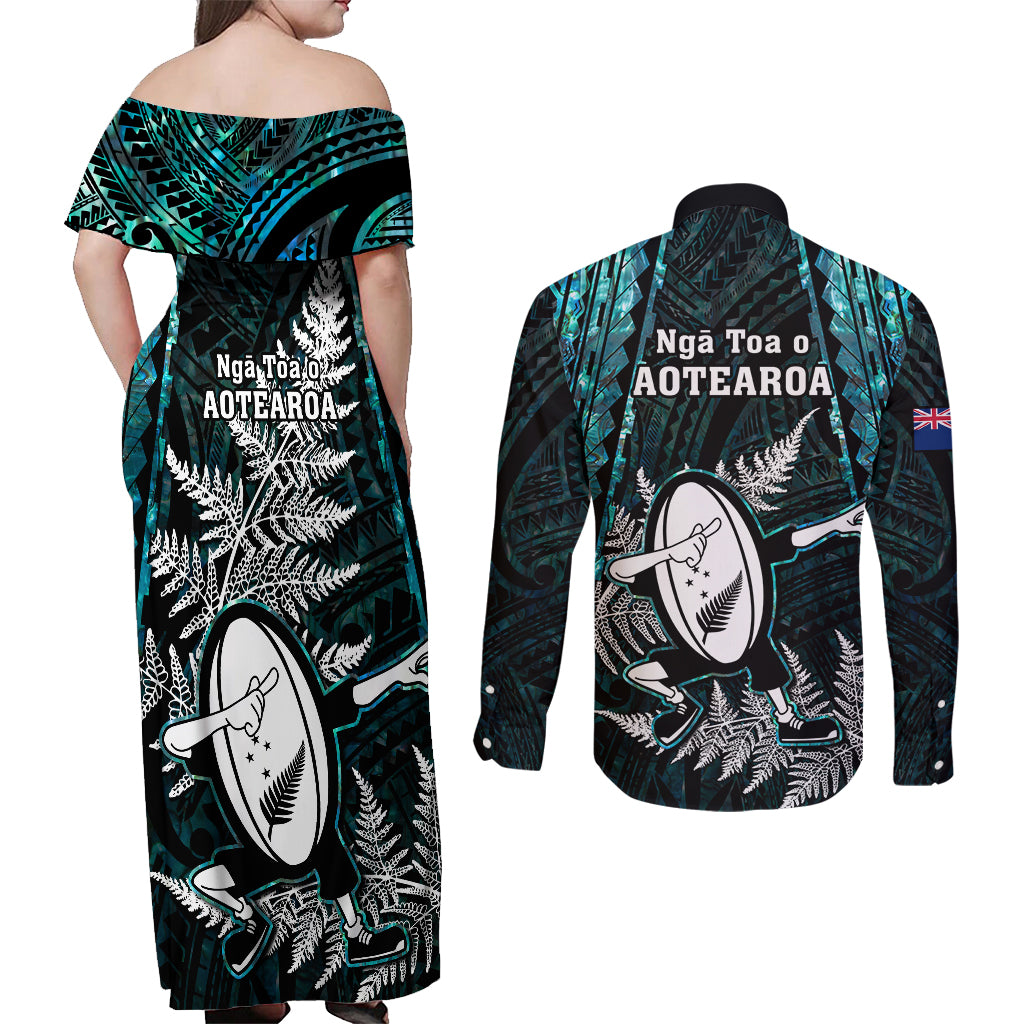 new-zealand-silver-fern-rugby-couples-matching-off-shoulder-maxi-dress-and-long-sleeve-button-shirts-aotearoa-all-black-dabbing-ball-with-maori-paua-shell