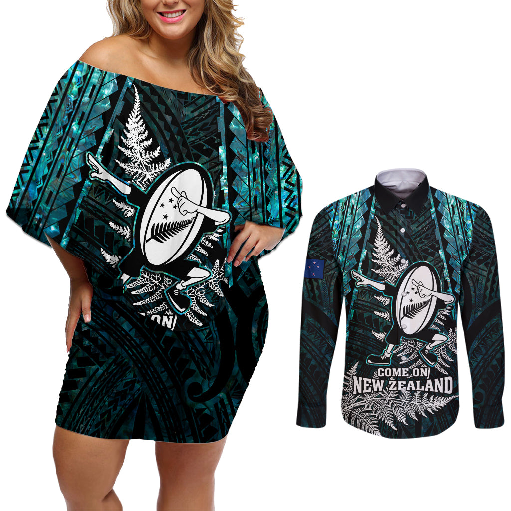 new-zealand-silver-fern-rugby-couples-matching-off-shoulder-short-dress-and-long-sleeve-button-shirts-aotearoa-all-black-dabbing-ball-with-maori-paua-shell