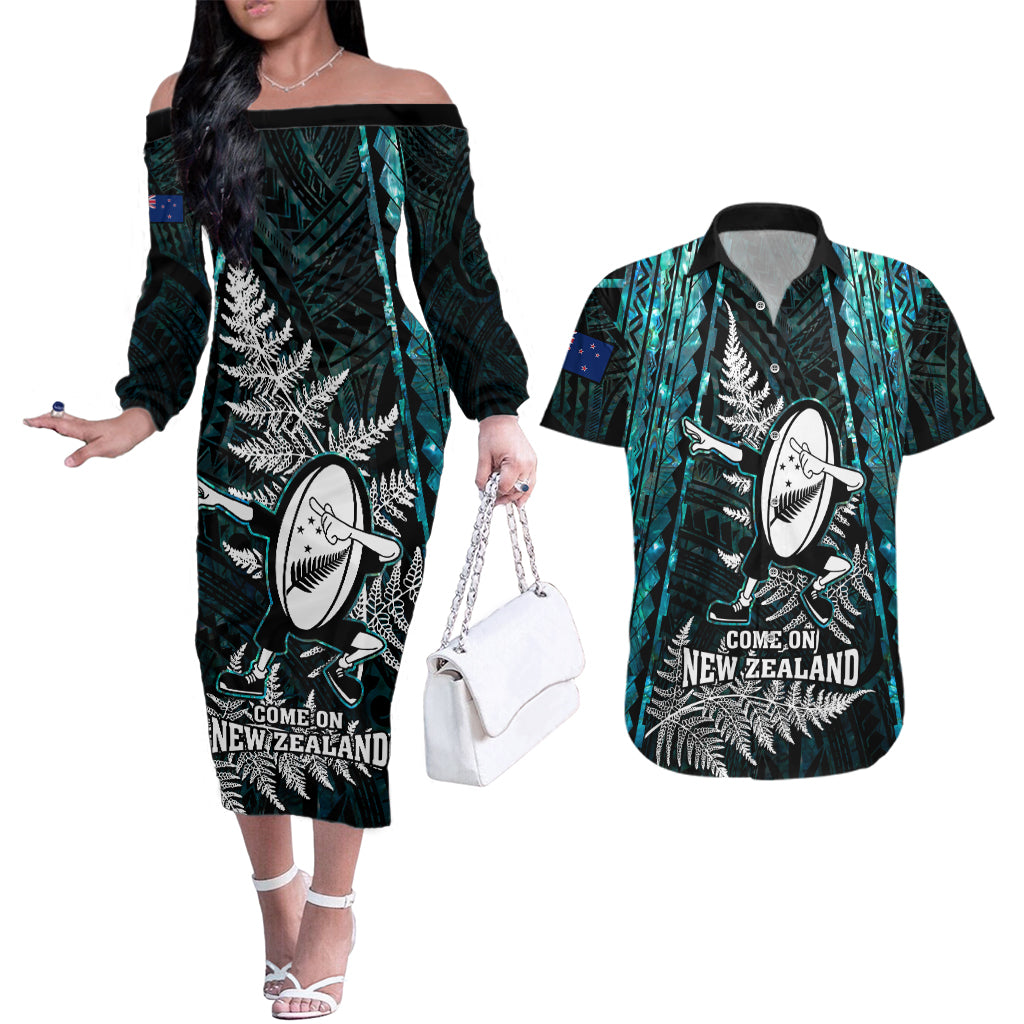 new-zealand-silver-fern-rugby-couples-matching-off-the-shoulder-long-sleeve-dress-and-hawaiian-shirt-aotearoa-all-black-dabbing-ball-with-maori-paua-shell