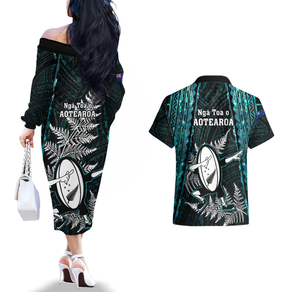 new-zealand-silver-fern-rugby-couples-matching-off-the-shoulder-long-sleeve-dress-and-hawaiian-shirt-aotearoa-all-black-dabbing-ball-with-maori-paua-shell