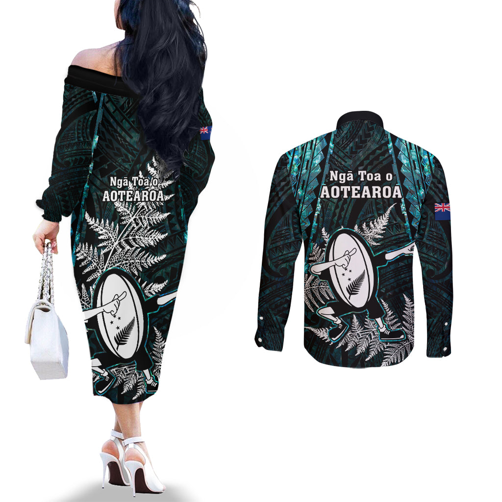new-zealand-silver-fern-rugby-couples-matching-off-the-shoulder-long-sleeve-dress-and-long-sleeve-button-shirts-aotearoa-all-black-dabbing-ball-with-maori-paua-shell