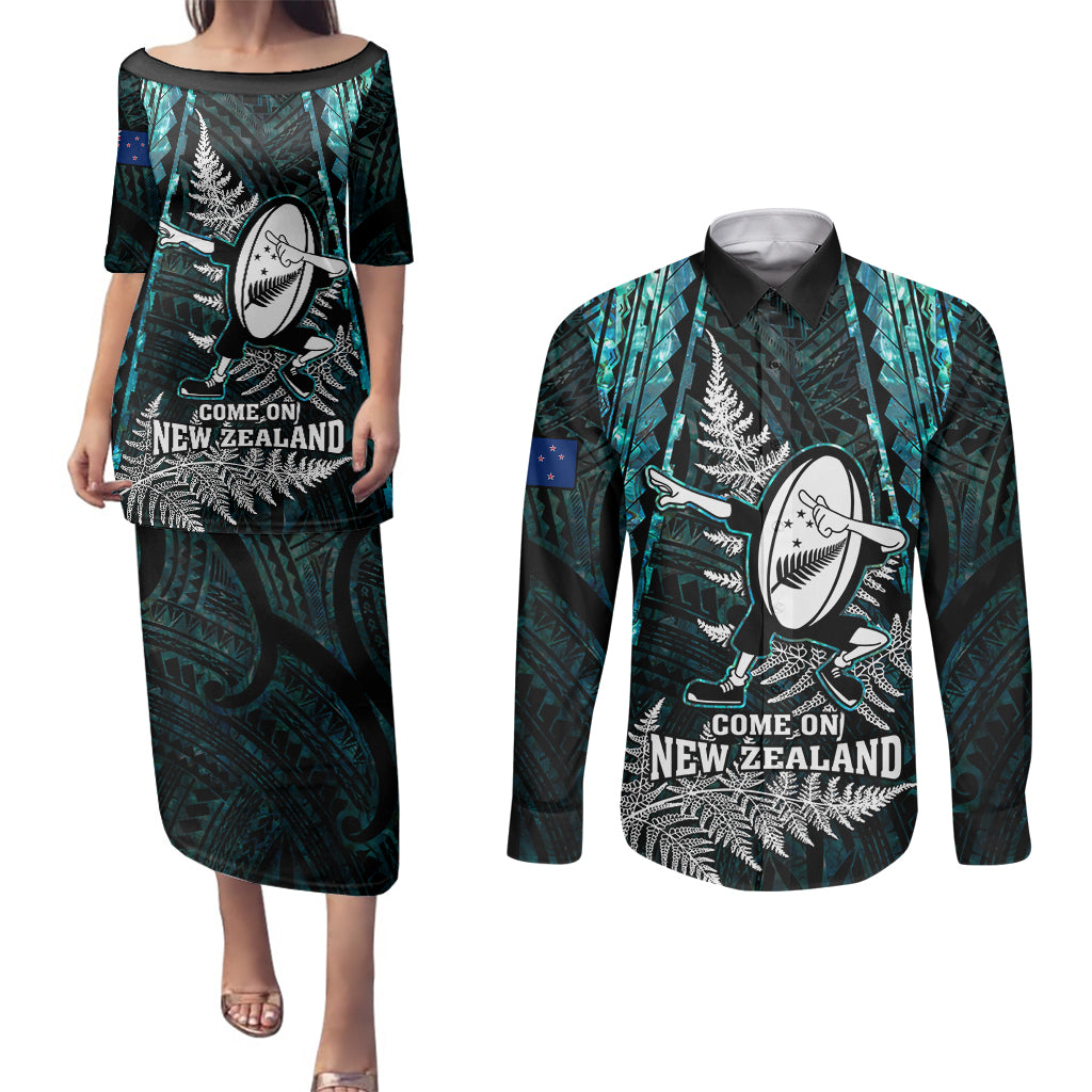 new-zealand-silver-fern-rugby-couples-matching-puletasi-dress-and-long-sleeve-button-shirts-aotearoa-all-black-dabbing-ball-with-maori-paua-shell