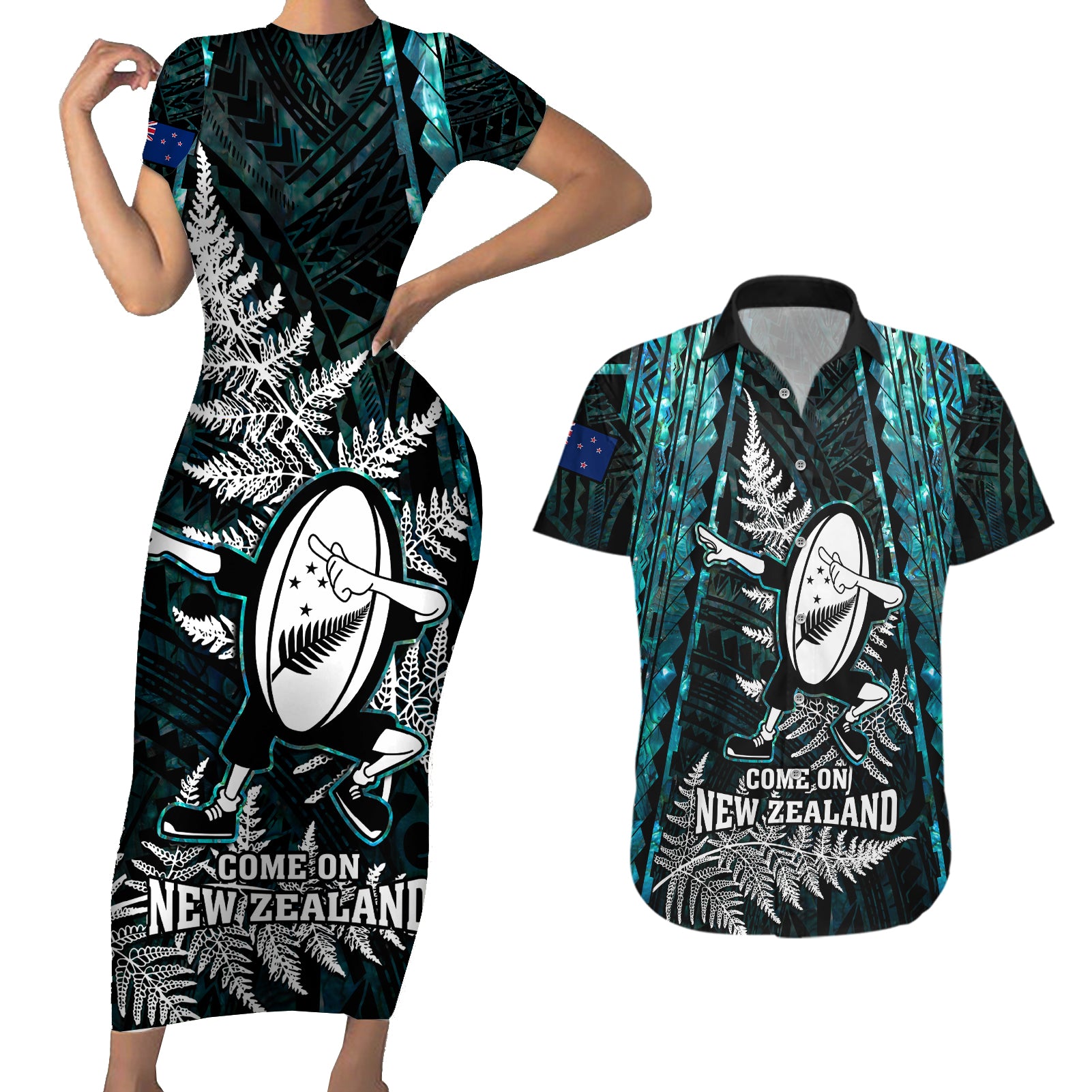 new-zealand-silver-fern-rugby-couples-matching-short-sleeve-bodycon-dress-and-hawaiian-shirt-aotearoa-all-black-dabbing-ball-with-maori-paua-shell