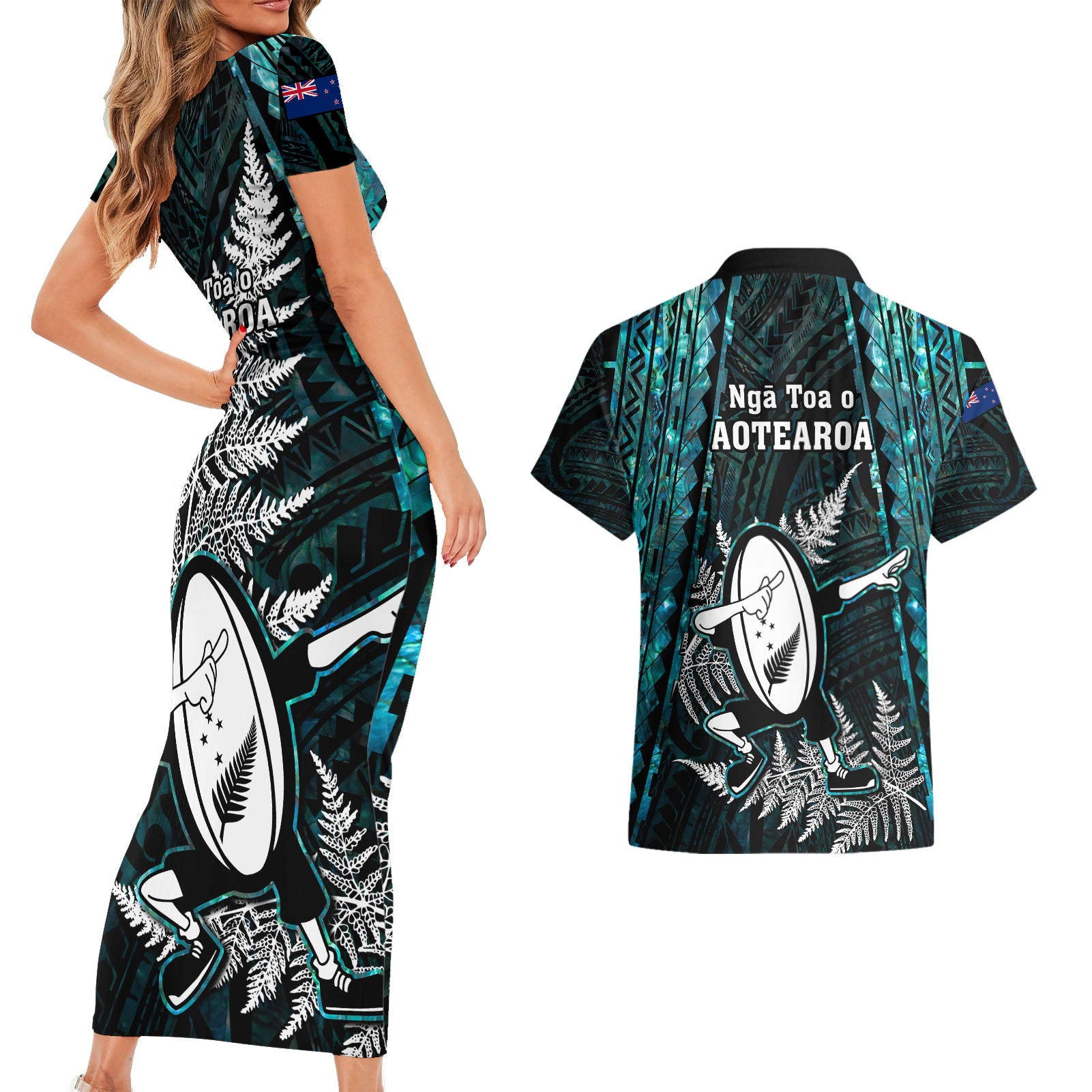 new-zealand-silver-fern-rugby-couples-matching-short-sleeve-bodycon-dress-and-hawaiian-shirt-aotearoa-all-black-dabbing-ball-with-maori-paua-shell