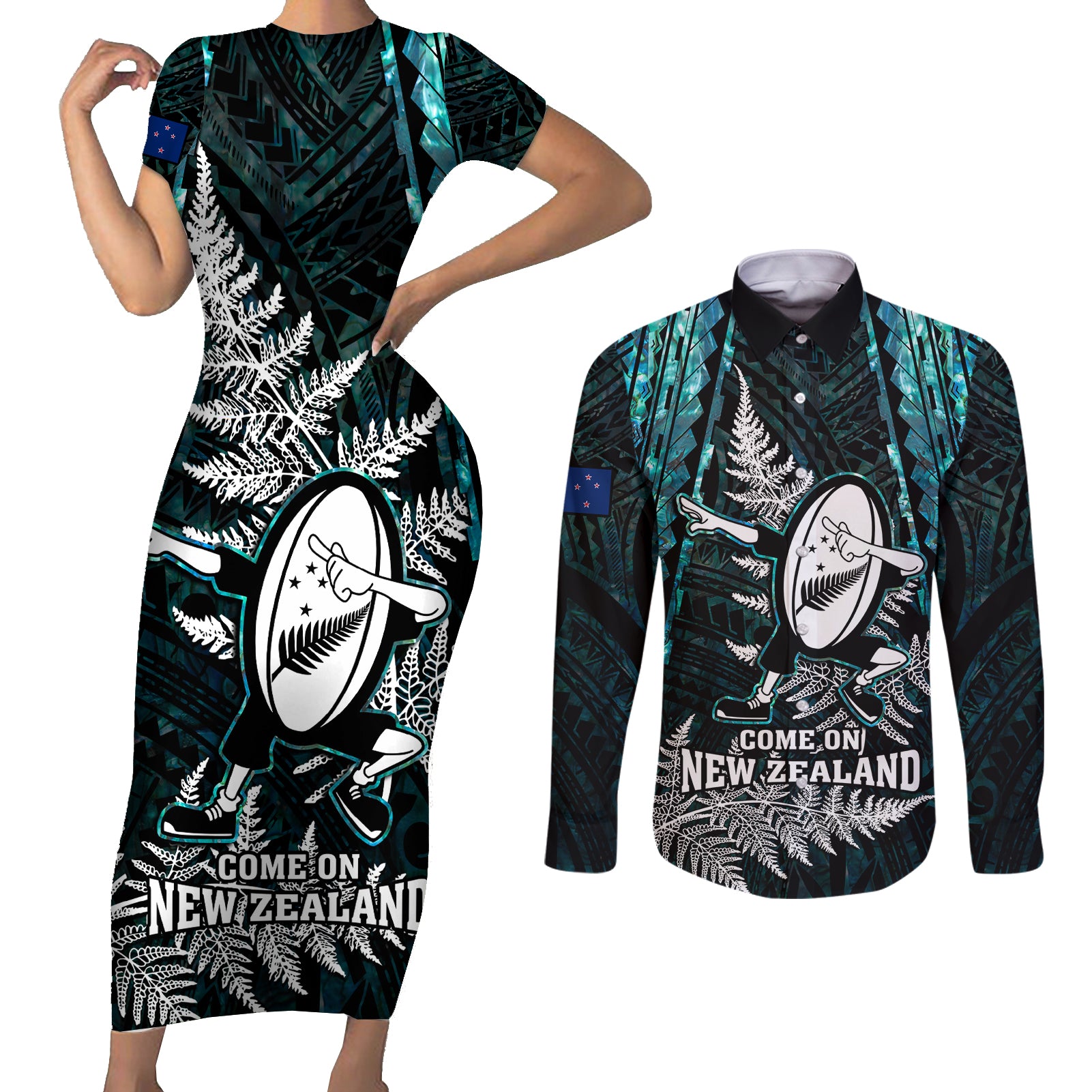 new-zealand-silver-fern-rugby-couples-matching-short-sleeve-bodycon-dress-and-long-sleeve-button-shirts-aotearoa-all-black-dabbing-ball-with-maori-paua-shell