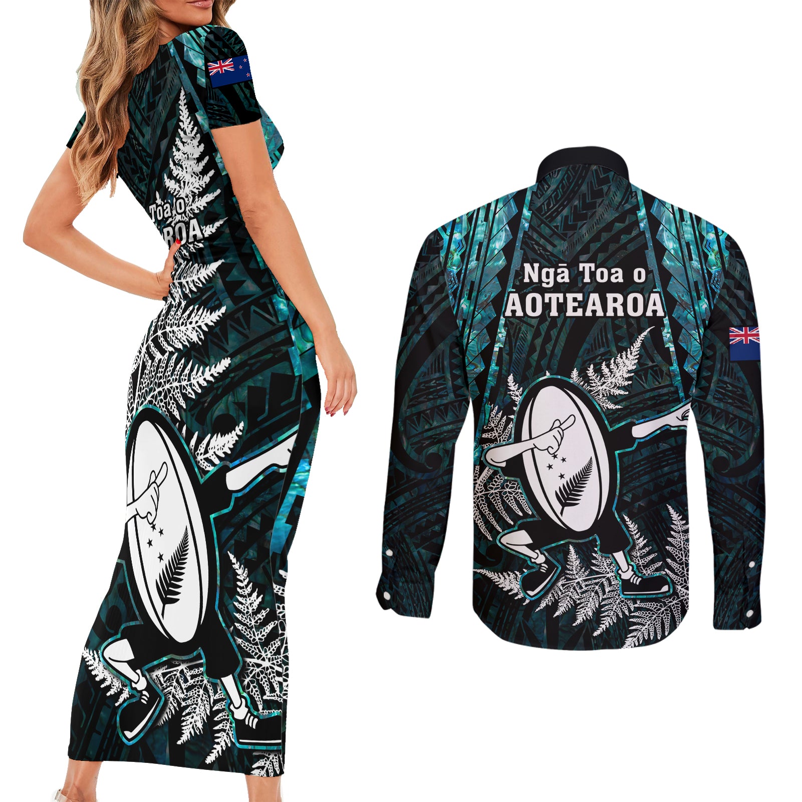new-zealand-silver-fern-rugby-couples-matching-short-sleeve-bodycon-dress-and-long-sleeve-button-shirts-aotearoa-all-black-dabbing-ball-with-maori-paua-shell
