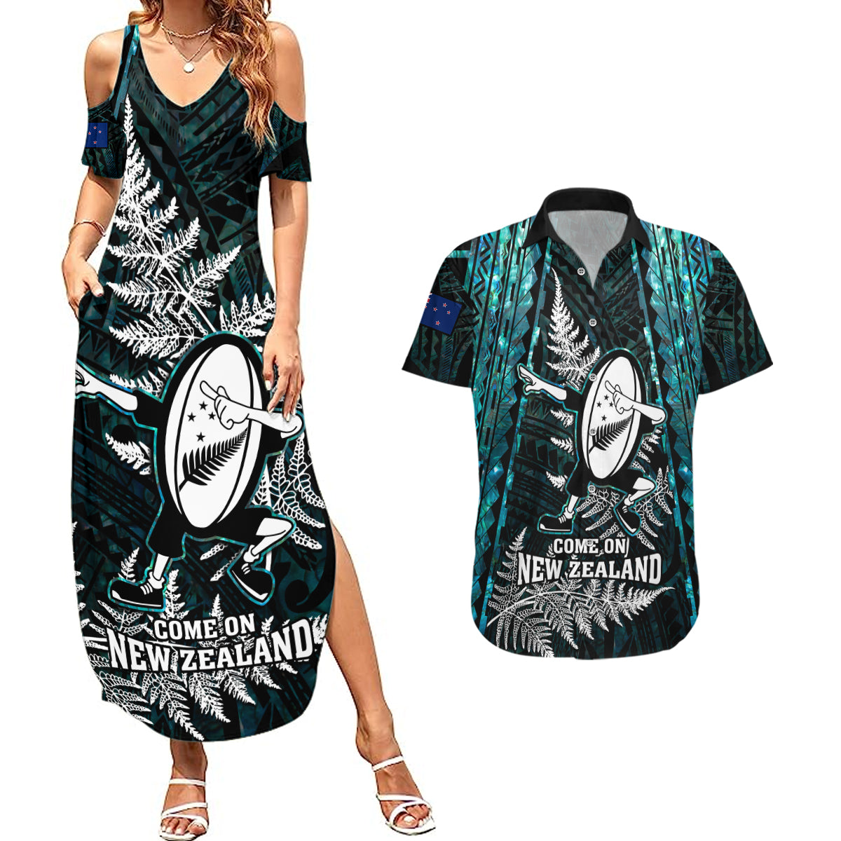 new-zealand-silver-fern-rugby-couples-matching-summer-maxi-dress-and-hawaiian-shirt-aotearoa-all-black-dabbing-ball-with-maori-paua-shell