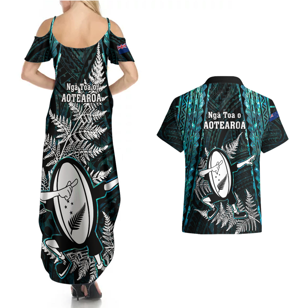 new-zealand-silver-fern-rugby-couples-matching-summer-maxi-dress-and-hawaiian-shirt-aotearoa-all-black-dabbing-ball-with-maori-paua-shell
