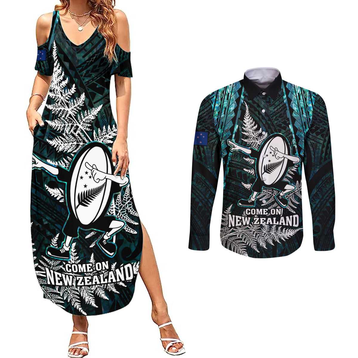 new-zealand-silver-fern-rugby-couples-matching-summer-maxi-dress-and-long-sleeve-button-shirts-aotearoa-all-black-dabbing-ball-with-maori-paua-shell