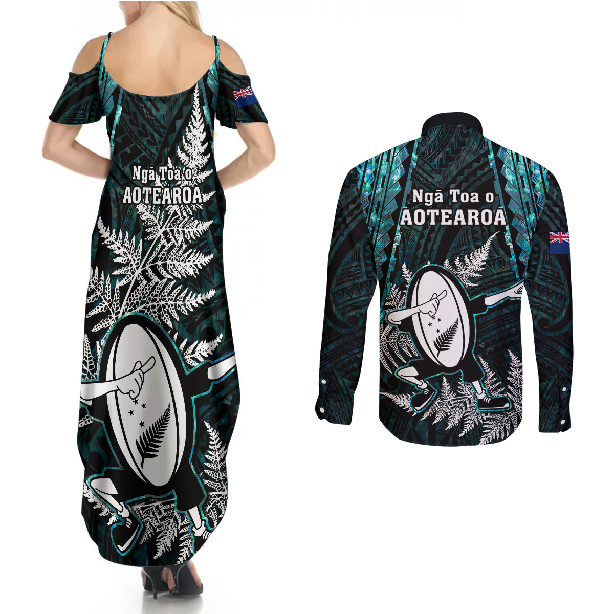 new-zealand-silver-fern-rugby-couples-matching-summer-maxi-dress-and-long-sleeve-button-shirts-aotearoa-all-black-dabbing-ball-with-maori-paua-shell