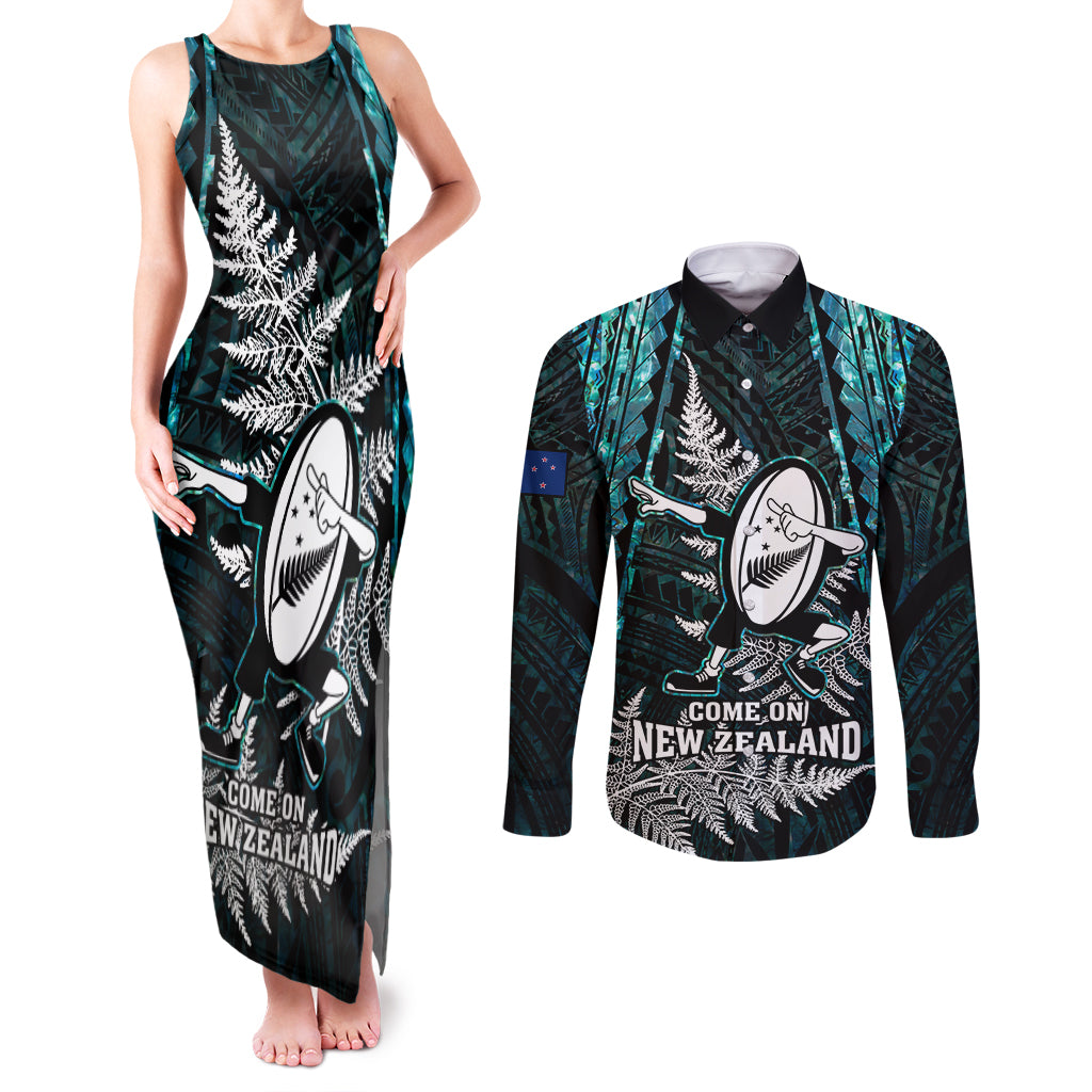 new-zealand-silver-fern-rugby-couples-matching-tank-maxi-dress-and-long-sleeve-button-shirts-aotearoa-all-black-dabbing-ball-with-maori-paua-shell