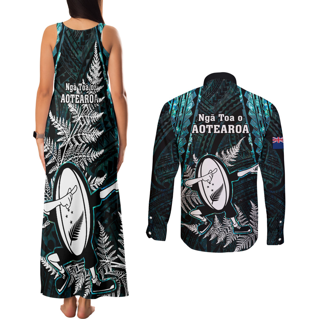 new-zealand-silver-fern-rugby-couples-matching-tank-maxi-dress-and-long-sleeve-button-shirts-aotearoa-all-black-dabbing-ball-with-maori-paua-shell