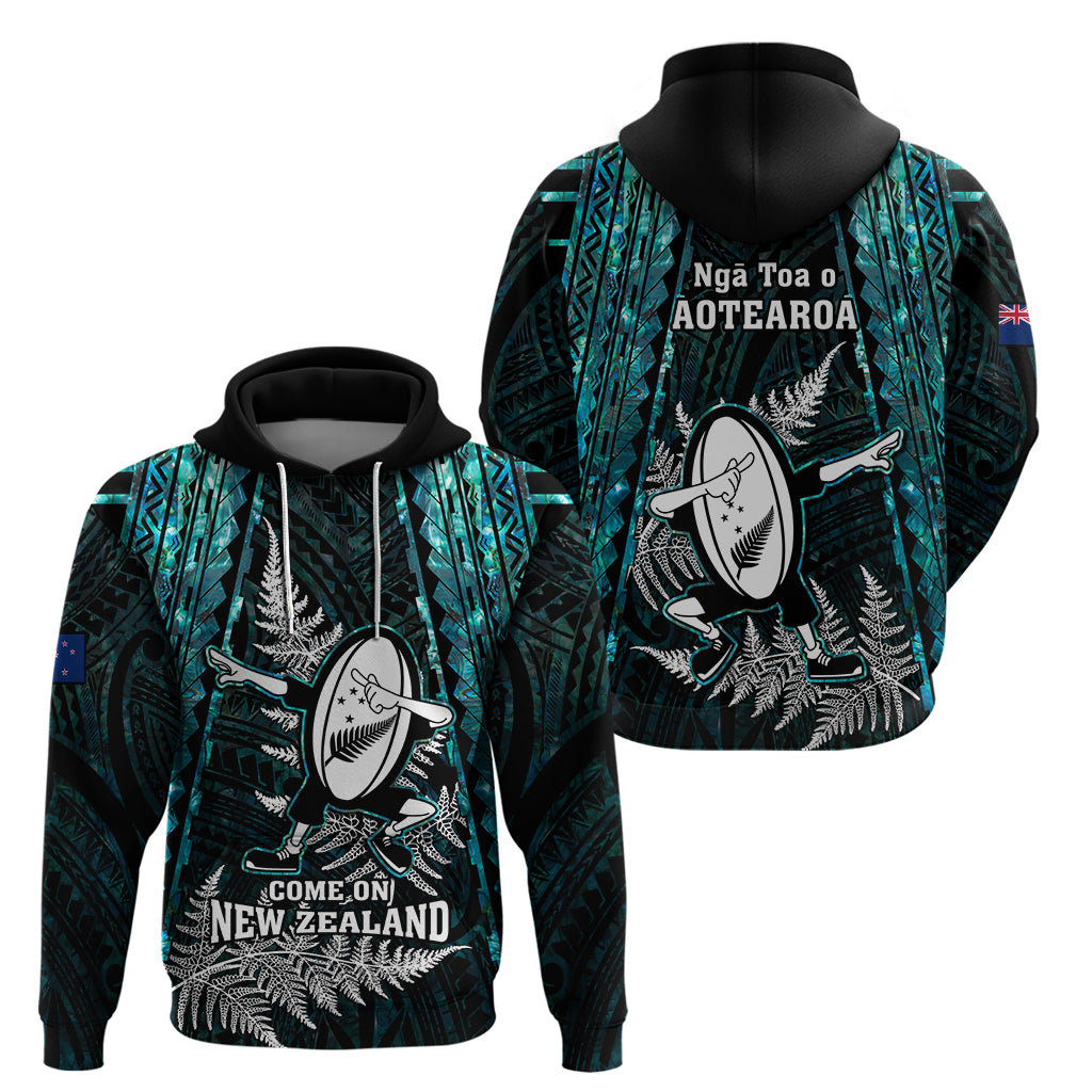 New Zealand Silver Fern Rugby Hoodie Aotearoa All Black Dabbing Ball With Maori Paua Shell - Vibe Hoodie Shop