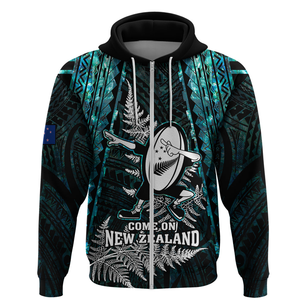 New Zealand Silver Fern Rugby Hoodie Aotearoa All Black Dabbing Ball With Maori Paua Shell - Vibe Hoodie Shop
