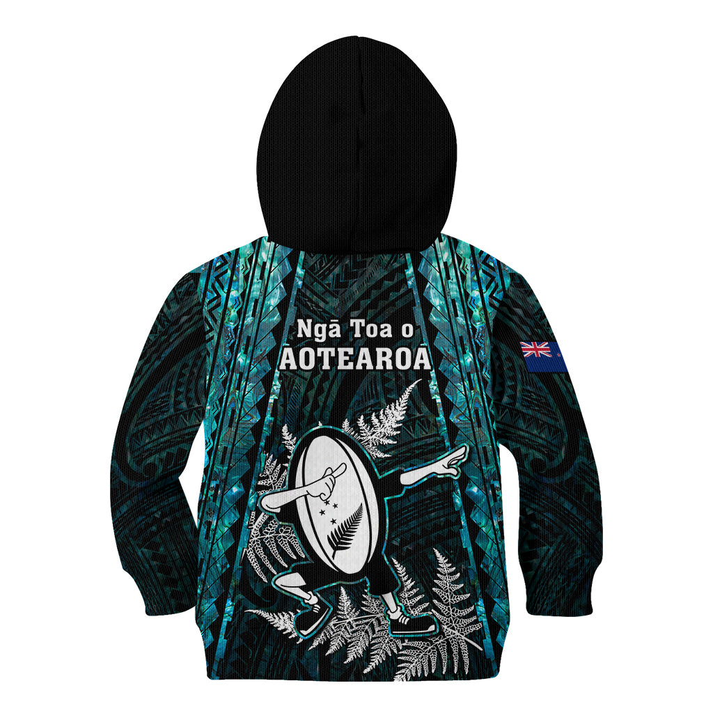 New Zealand Silver Fern Rugby Kid Hoodie Aotearoa All Black Dabbing Ball With Maori Paua Shell - Vibe Hoodie Shop