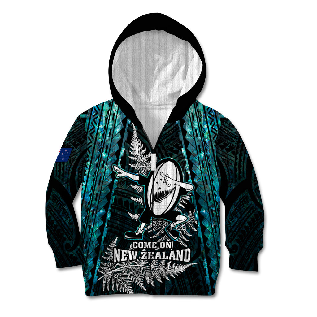 New Zealand Silver Fern Rugby Kid Hoodie Aotearoa All Black Dabbing Ball With Maori Paua Shell - Vibe Hoodie Shop