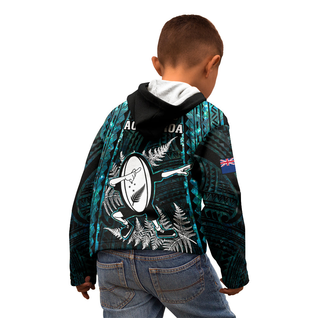New Zealand Silver Fern Rugby Kid Hoodie Aotearoa All Black Dabbing Ball With Maori Paua Shell - Vibe Hoodie Shop