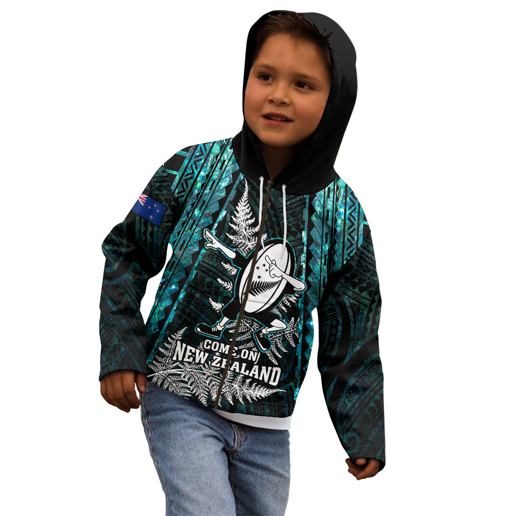 New Zealand Silver Fern Rugby Kid Hoodie Aotearoa All Black Dabbing Ball With Maori Paua Shell - Vibe Hoodie Shop