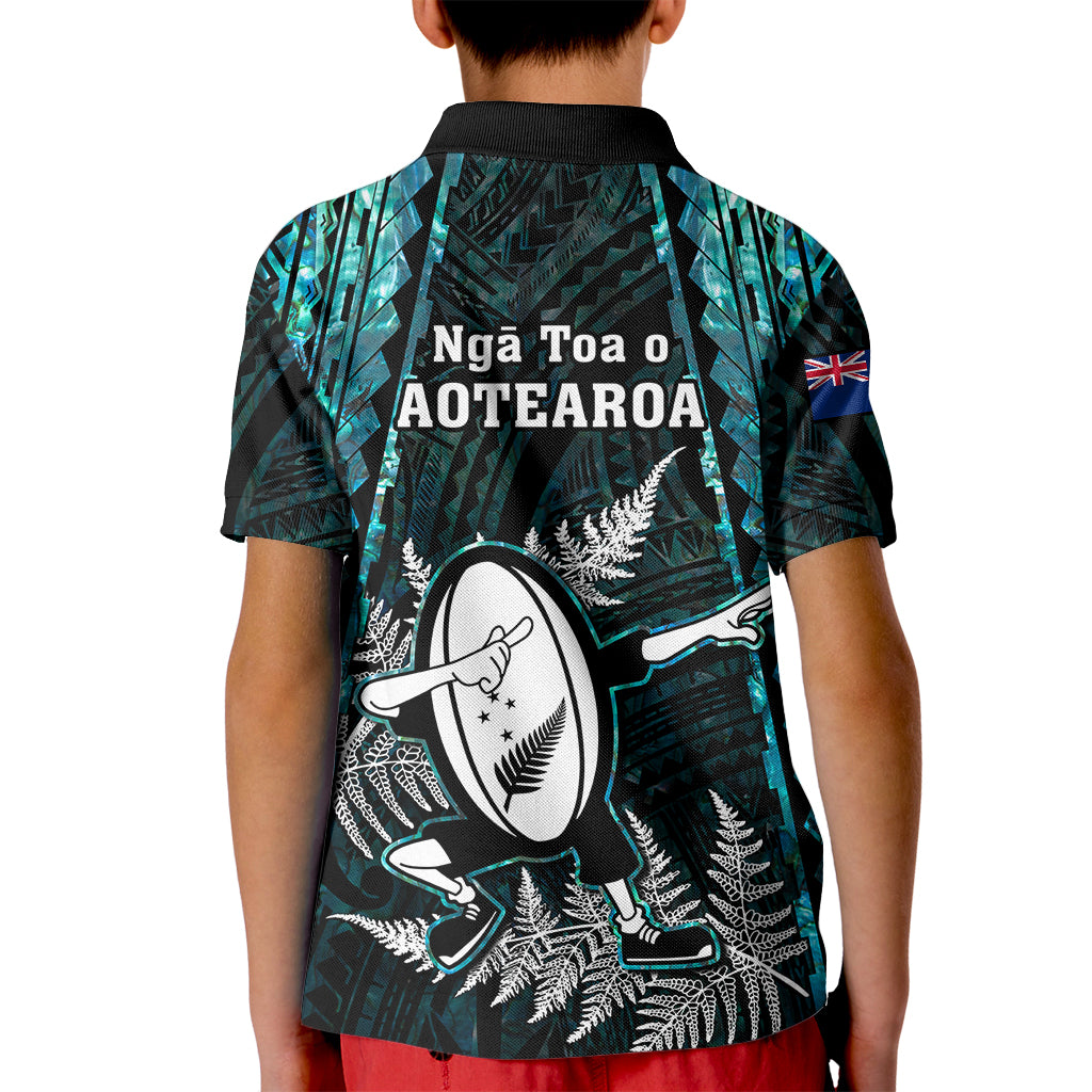 New Zealand Silver Fern Rugby Kid Polo Shirt Aotearoa All Black Dabbing Ball With Maori Paua Shell - Vibe Hoodie Shop