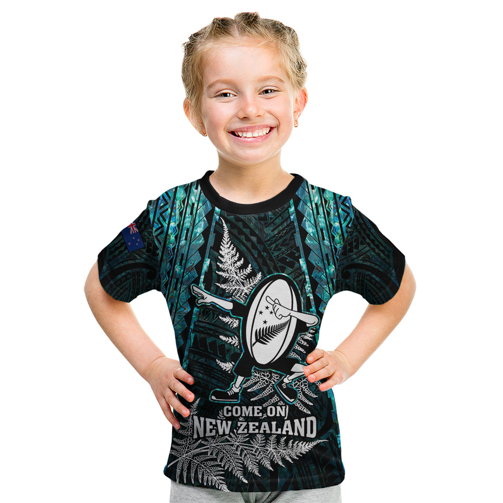 New Zealand Silver Fern Rugby Kid T Shirt Aotearoa All Black Dabbing Ball With Maori Paua Shell - Vibe Hoodie Shop