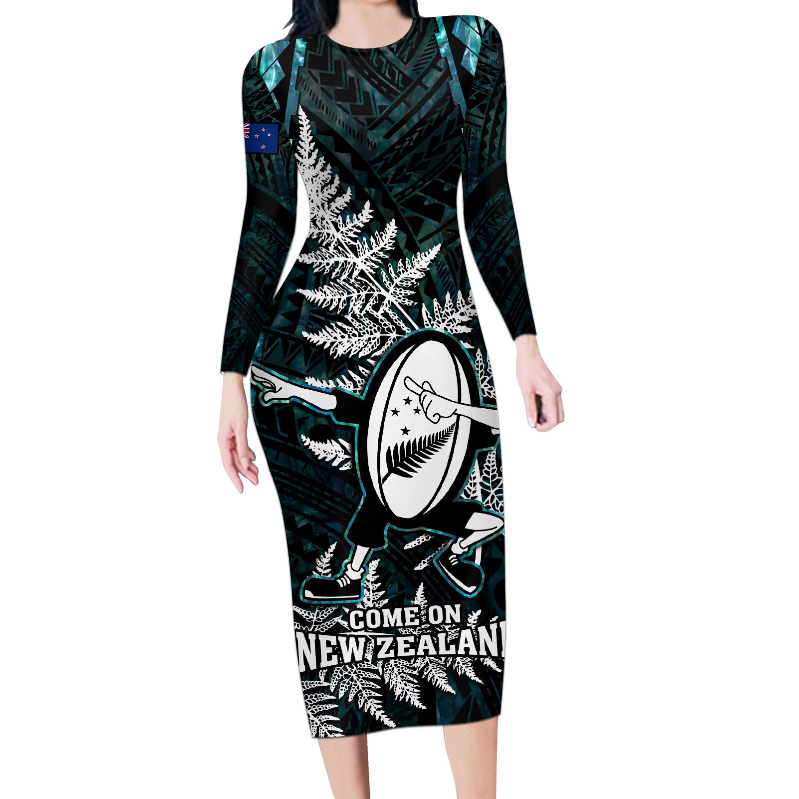 new-zealand-silver-fern-rugby-long-sleeve-bodycon-dress-aotearoa-all-black-dabbing-ball-with-maori-paua-shell